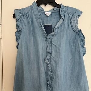 Crown & Ivy Light Blue Blouse Chambray Ruffle neck & sleeves medium